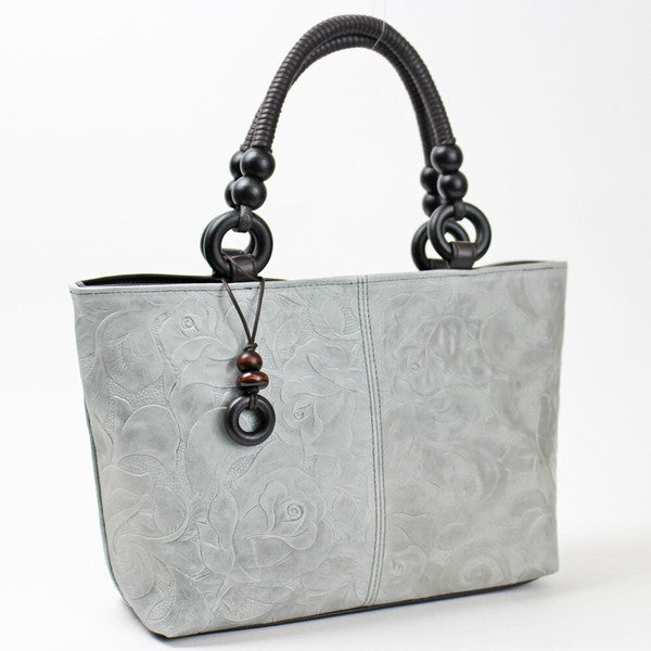 Minamoto Floral Pattern Embossed Cowhide Handbag