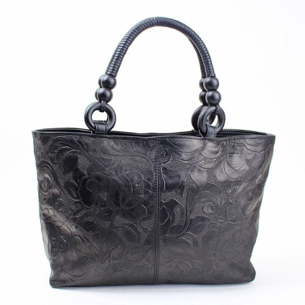 Minamoto Floral Pattern Embossed Cowhide Handbag